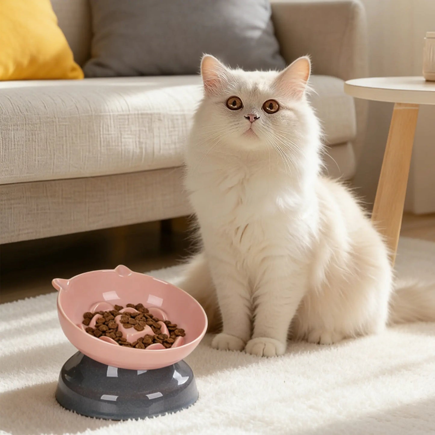 Slow Feeder Cat Bowl, Ceramic Cat Slow Feeder,Elevated anti Vomiting Whisker Friendly Tilted Design,For Dry and Wet Food,Dishwasher Safe
