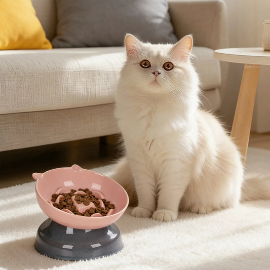 Slow Feeder Cat Bowl, Ceramic Cat Slow Feeder,Elevated anti Vomiting Whisker Friendly Tilted Design,For Dry and Wet Food,Dishwasher Safe