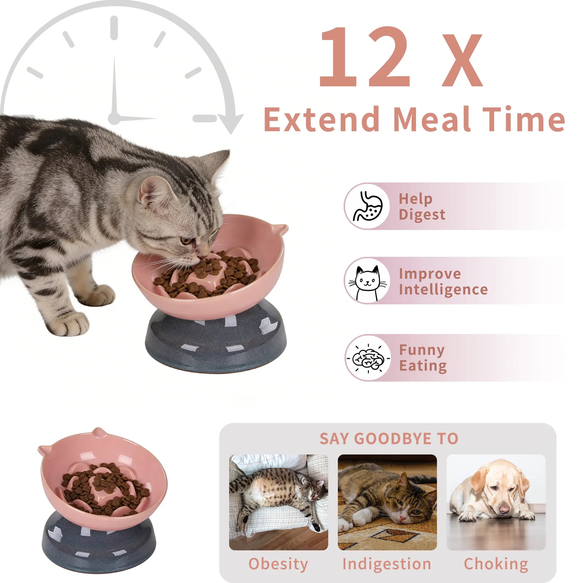Slow Feeder Cat Bowl, Ceramic Cat Slow Feeder,Elevated anti Vomiting Whisker Friendly Tilted Design,For Dry and Wet Food,Dishwasher Safe