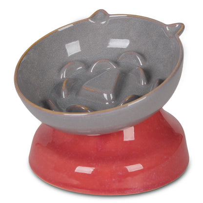 Slow Feeder Cat Bowl, Ceramic Cat Slow Feeder,Elevated anti Vomiting Whisker Friendly Tilted Design,For Dry and Wet Food,Dishwasher Safe